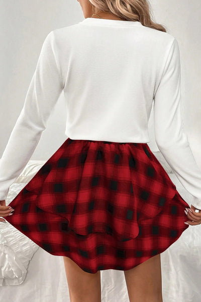Chic Women's Red Plaid Long Sleeve Top and Ruffle Mini Skirt Set Trendy 2-Piece Outfit for Effortless Style