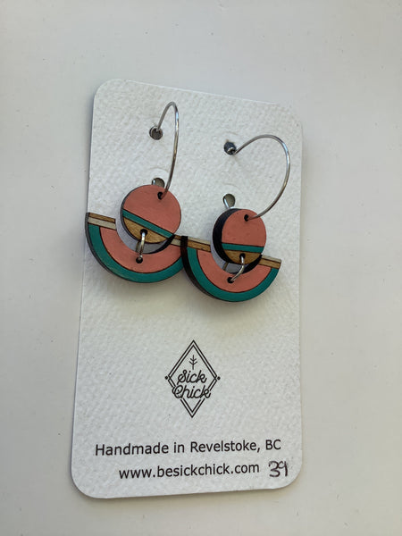 Geometric Semicircle + Circle wooden dangle earrings- Sick Chick (Revelstoke, BC)