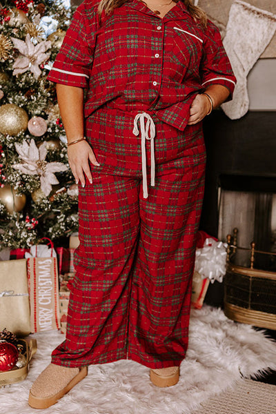 Plus Size Women's Red Plaid Short Sleeve Pajama Set with Relaxed Fit Pants for Cozy Sleepwear and Lounging