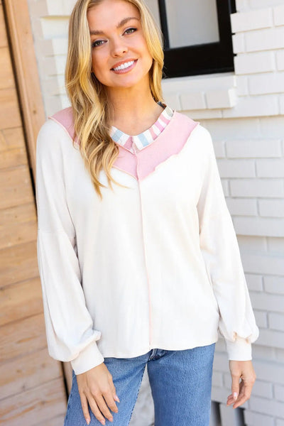 Chic Women's White Long Sleeve V-Neck Blouse with Rainbow Stripe Color Block and Trendy Loose Fit
