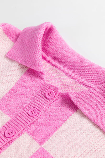 Cozy Women's Pink Checkerboard Drop Shoulder Sweater with Half Button Collar - Effortlessly Chic Casual Style