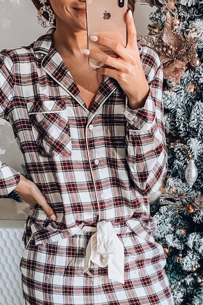 Women's Black Plaid Long Sleeve Christmas Shirt & Drawstring Pants Set - Stylish Holiday Outfit for Festive Occasions