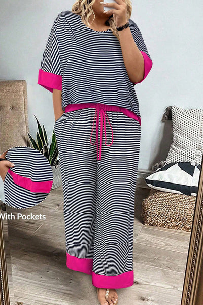 Plus Size Women's Black and White Stripe Color Block Top with Bracelet Sleeves & Comfortable Drawstring Pants Set