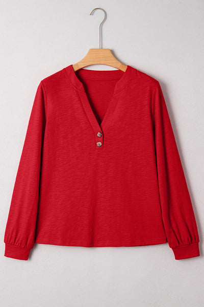 Women's Racing Red Button V-Neck Blouse with Relaxed Silhouette
