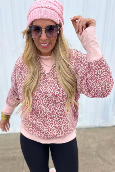 Women's Cozy Pink Leopard Print Crew Neck Sweatshirt - Stylish Patchwork Design for Casual Everyday Comfort