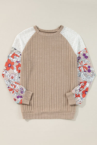 Women's Floral Patchwork Ribbed Blouse - Parchment Long Sleeve Top for Stylish Comfort in Everyday Wear