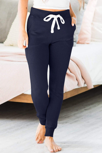 Women's Comfortable Navy Blue Drawstring Joggers with Elastic Waist and Pockets for Casual Everyday Style