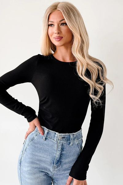 Chic Women's Black Ribbed Long Sleeve Bodysuit - Form-Fitting Crew Neck Top for Effortless Style and Versatile Looks