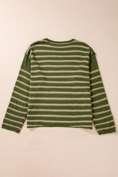 Cozy Women's Green Stripe Drop Shoulder Sweater - Effortless Casual Style for Everyday Comfort and Versatile Wear