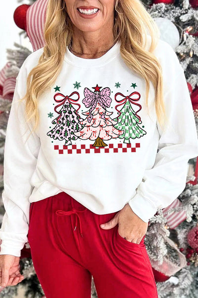 Women's White Bow Christmas Tree Graphic Sweatshirt
