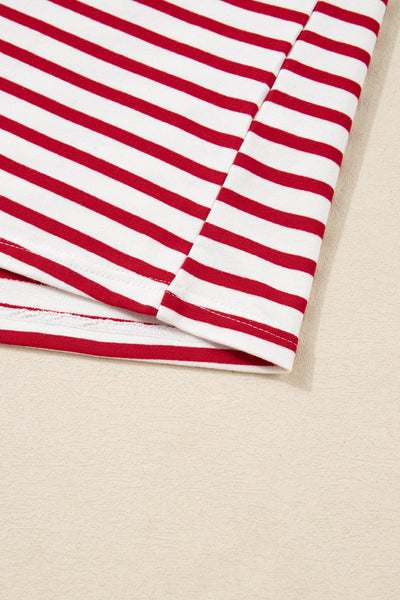 Women's Red Striped Ruffle Sleeve Cotton Blend Blouse