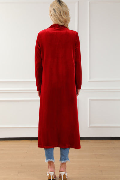 Fiery Crimson Velvet Open Front Long Duster with Pockets