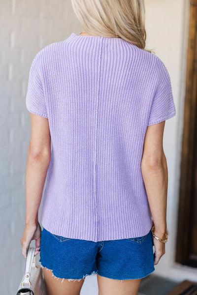 Relaxed Fit Women's Lavender Ribbed Knit Short Sleeve Sweater with Pockets - Casual Mineral Wash Style