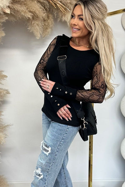 Elegant Women's Black Ribbed Knit Long Sleeve Top with Sheer Lace Accents and Round Neck for Chic Style