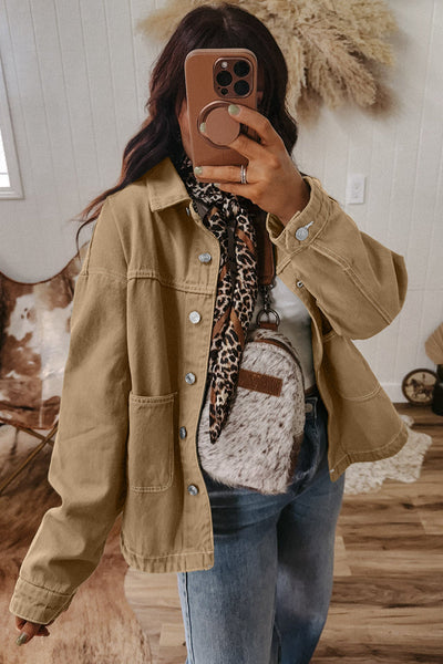 Chic Women's Parchment Boyfriend Denim Jacket with Patched Pockets and Button Front for Effortless Casual Style