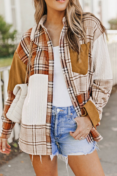 Women's Casual Orange Plaid Color Block Shirt Jacket with Pocket - Versatile Layering Piece for All Seasons