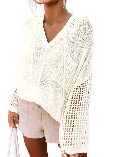 Cozy White Crochet Hooded Sweater with Pockets