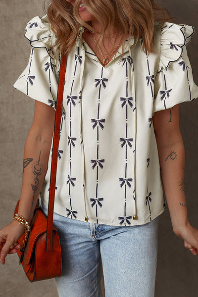 Women's Bow Print Ruffle Shoulder Puff Sleeve Blouse in Cream