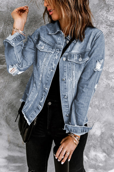 Trendy Women's Sky Blue Distressed Denim Jacket with Lapel and Raw Hem for Effortless Casual Style