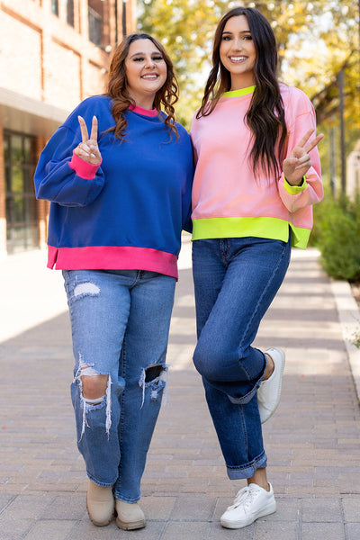 Trendy Women's Pink Colorblock Bubble Sleeve Sweatshirt - Cozy Casual Top for Effortless Everyday Style