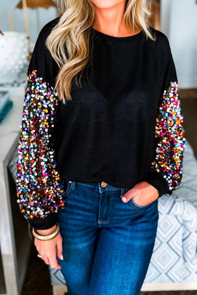 Chic Women's Black Round Neck Top with Sparkling Contrast Sequined Sleeves - Versatile Casual Wear for Every Occasion
