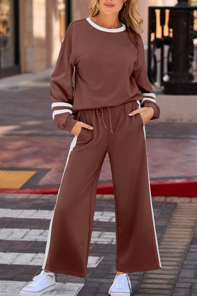 Women's Chestnut Varsity Stripe Puff Sleeve Pullover and Wide Leg Pant Set with practical styling and dependable silhouette control.