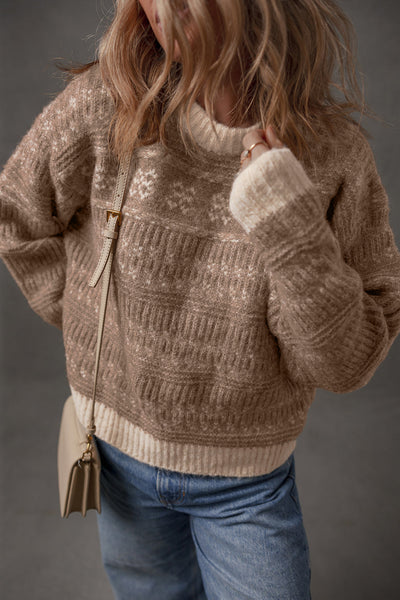 Stylish Women's Dark Brown Geometric Knit Sweater with Contrast Colors and Drop Sleeves Ideal for Casual Layering