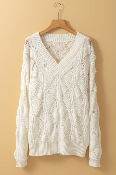 Chic Beige V-Neck Knit Sweater for Women with Drop Shoulders - Stylish Hollow Out Design for Trendy Fall Fashion