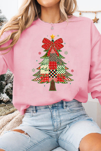 Women's Pink Patchwork Christmas Tree Drop Shoulder Sweatshirt