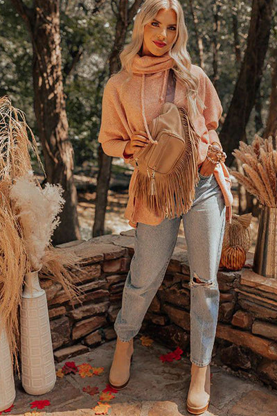 Stylish Apricot Pink Oversized Cowl Neck Knit Top for Women with Side Slits and Cozy Drawstring Detail
