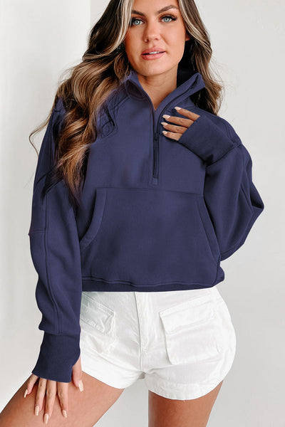 Cozy Women's Navy Blue Fleece-Lined Zip-Up Sweatshirt with Stand Collar & Thumbhole Sleeves for Ultimate Comfort