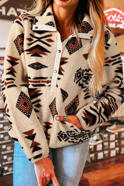 Women's Cozy Beige Plush Half Zip Sweatshirt for Women - Chic Western Aztec Style for Effortless Casual Looks