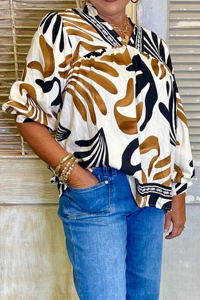 Plus Size Women's White Leaf Print Blouse with Contrast Trim and V-Neck Dolman Sleeves Perfect for Vacation Style