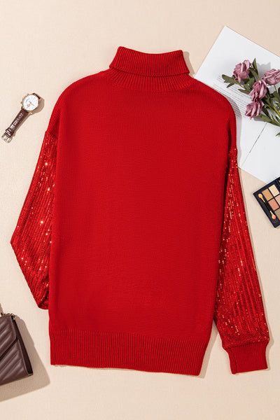 Women's Racing Red Merry Graphic Turtleneck Sweater with Sequin Sleeves - Festive Holiday Chic for Women