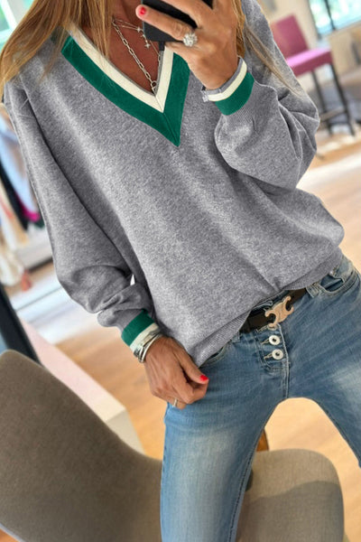 Trendy Women's Gray V-Neck Varsity Sweater with Contrast Stripes - Casual Fit for Everyday Comfort and Style