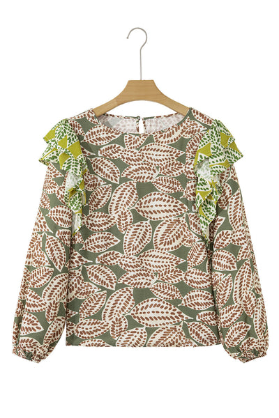Women's Stylish Green Abstract Leaf Print Long Sleeve Blouse with Ruffle Trim - Trendy Top for Every Occasion