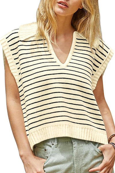 Beige Striped V-Neck Sweater Tank Top for Women Chic Casual Style Perfect for Everyday Comfort