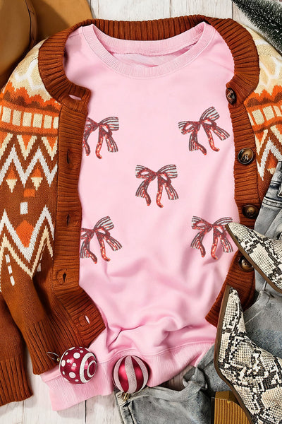 Women's Pink Oversized Sequin Bow Sweatshirt with Drop Shoulder