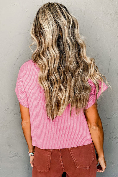 Chic Women's Pink Ribbed Knit Sweater with Short Sleeves and Stylish Patch Pockets for Effortless Casual Style