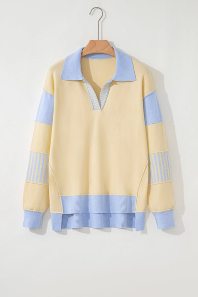 Women's Sky Blue Color Block Polo Sweater in Viscose Blend