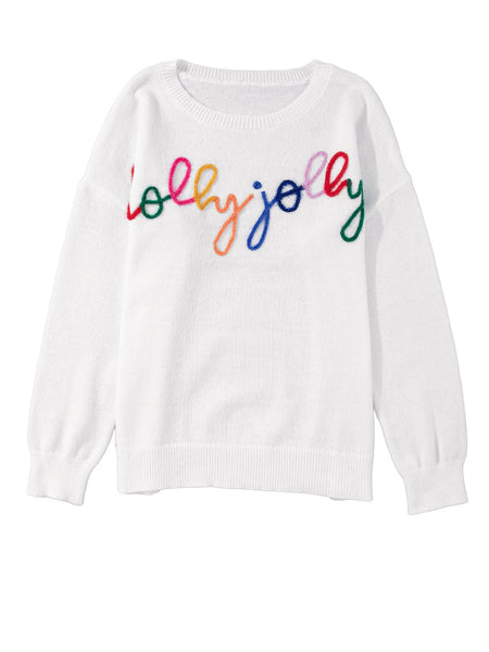 Holly Jolly White Round Neck Casual Sweater