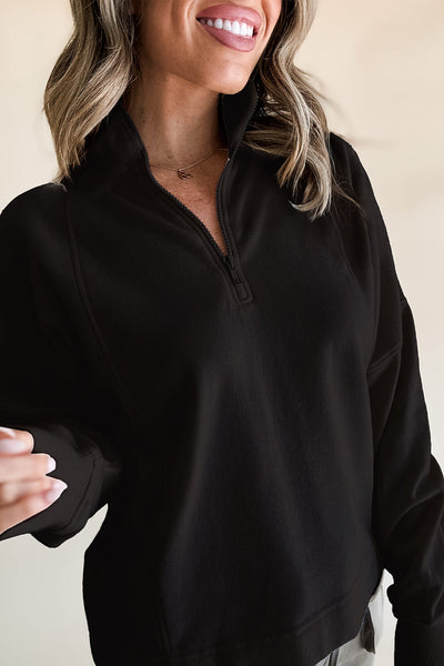 Cozy Women's Black Drop Shoulder Sweatshirt with Zipped Neck - Stylish Casual Pullover for Everyday Comfort