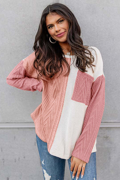 Women's Long Sleeve Colorblock Knit Top in Peach Blossom - Textured, Stylish Fit with Chest Pocket for Everyday Comfort