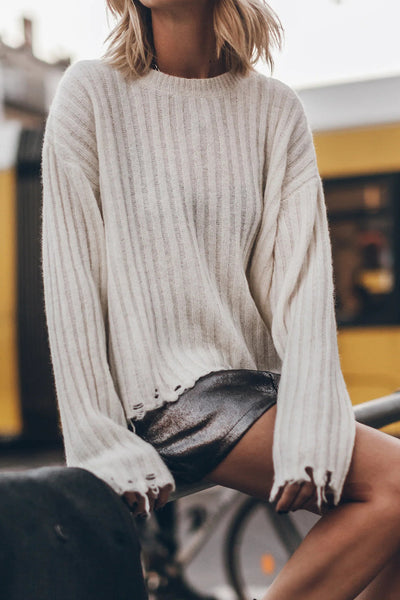 Cozy Women's Slouchy Jet Stream Ribbed Knit Sweater with Distressed Edges for a Casual Chic Look