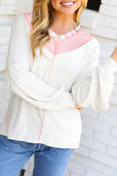 Women's Relaxed V-Neck Patchwork Top with Rainbow Stripe Detail