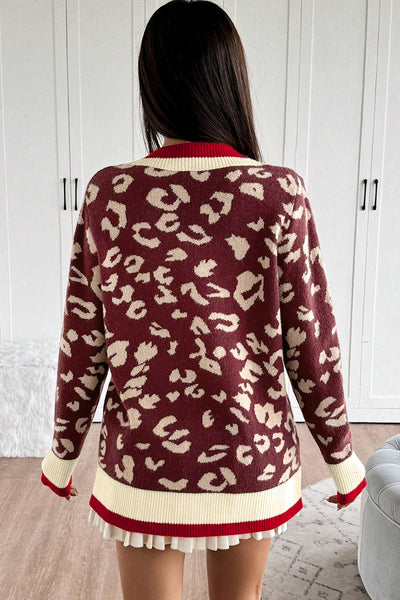Stylish Women's Red Leopard Print V-Neck Sweater with Contrast Stripes - Cozy Knit Pullover for Chic Casual Looks
