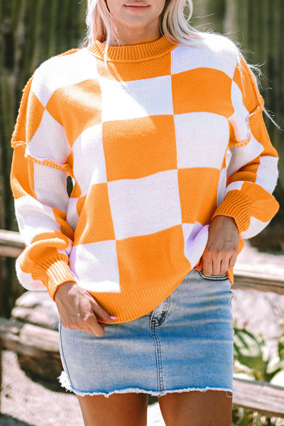 Women's Cozy Orange Checkered Bishop Sleeve Sweater - Stylish Knit Pullover for Fall Fashion and Casual Wear
