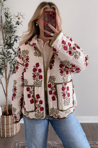 Cozy Women's Red Floral Quilted Winter Jacket with Contrast Trim - Stylish Outerwear for Cold Weather Adventures made for easy styling and wardrobe