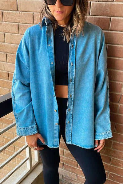 Light Blue Boyfriend Denim Jacket for Women with Contrast Panel & Buttons - Stylish Casual Chic for Everyday Outfits