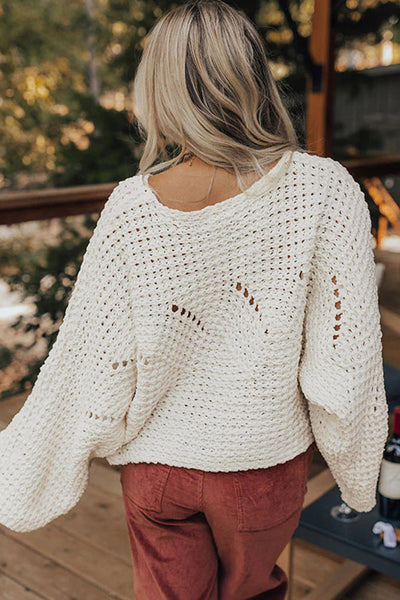 Women's White Cotton-Blend Wide Sleeve Crochet Pullover